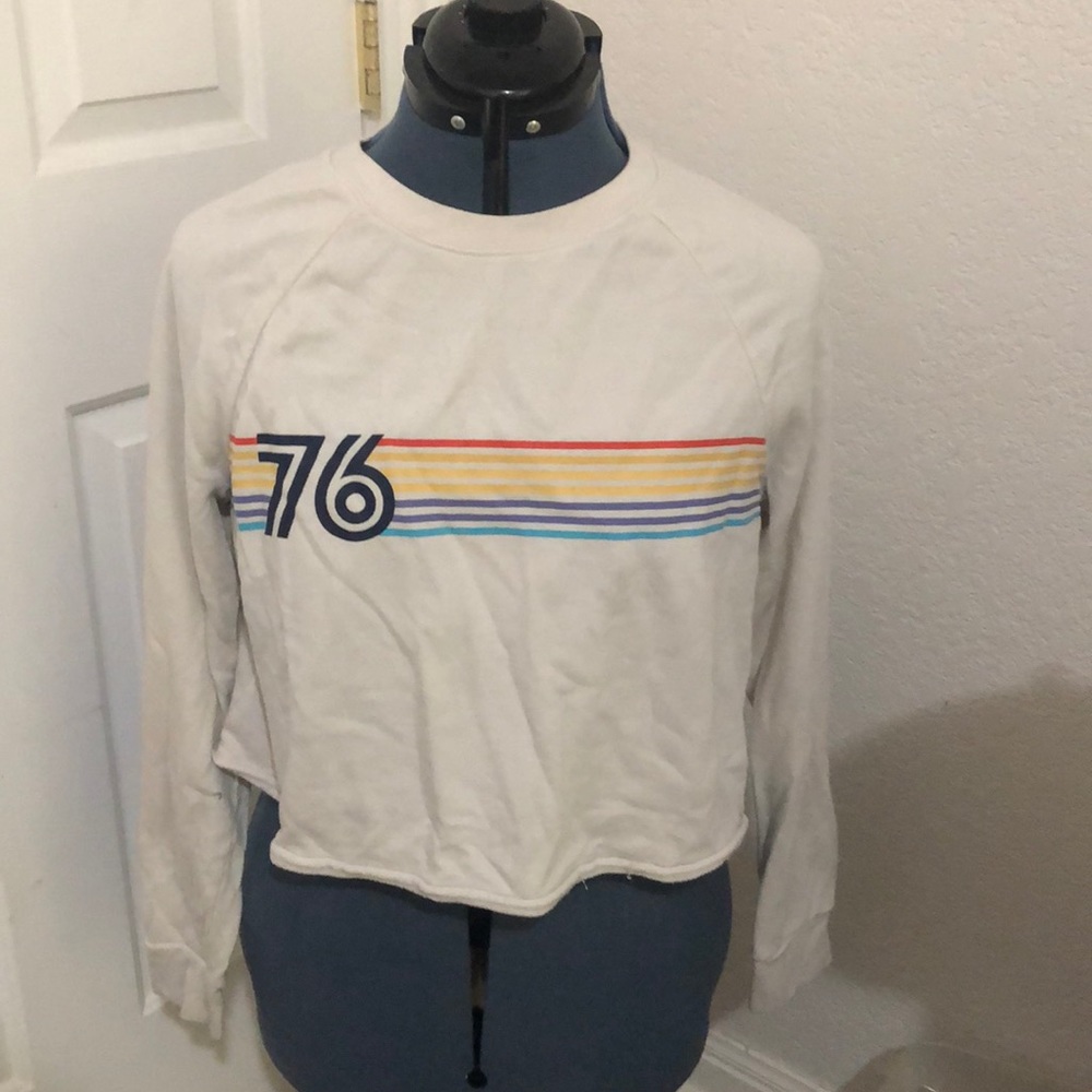 Long sleeve slightly cropped top, rainbow strip.